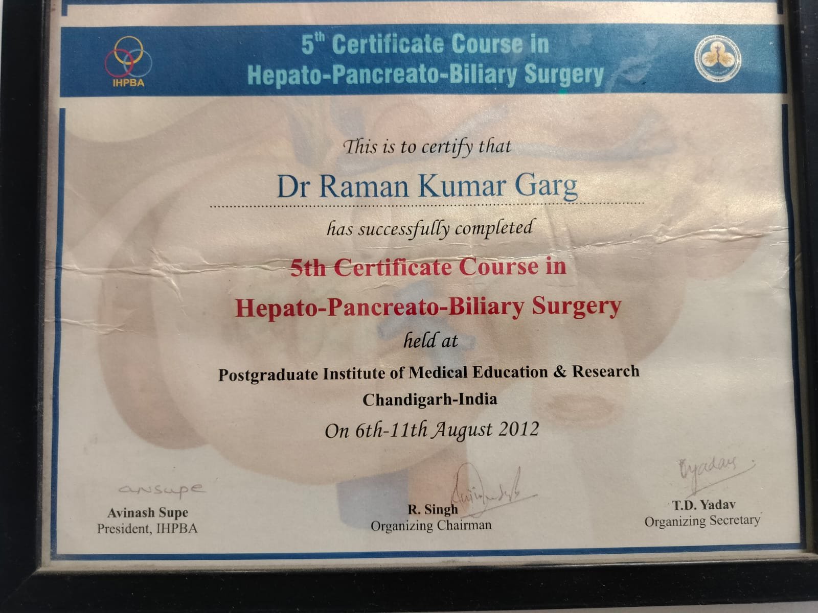 IHPBA HPB Surgery Certificate 2012