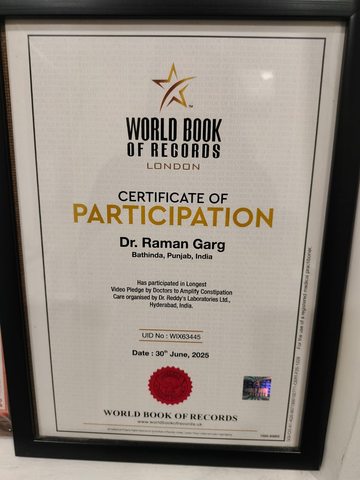 World Book of Records Certificate 2025